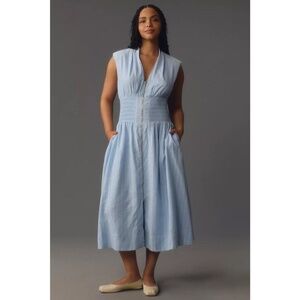 Tommie Cap-Sleeve Smocked Front-Zip Shirt Dress: Linen Edition, 3x